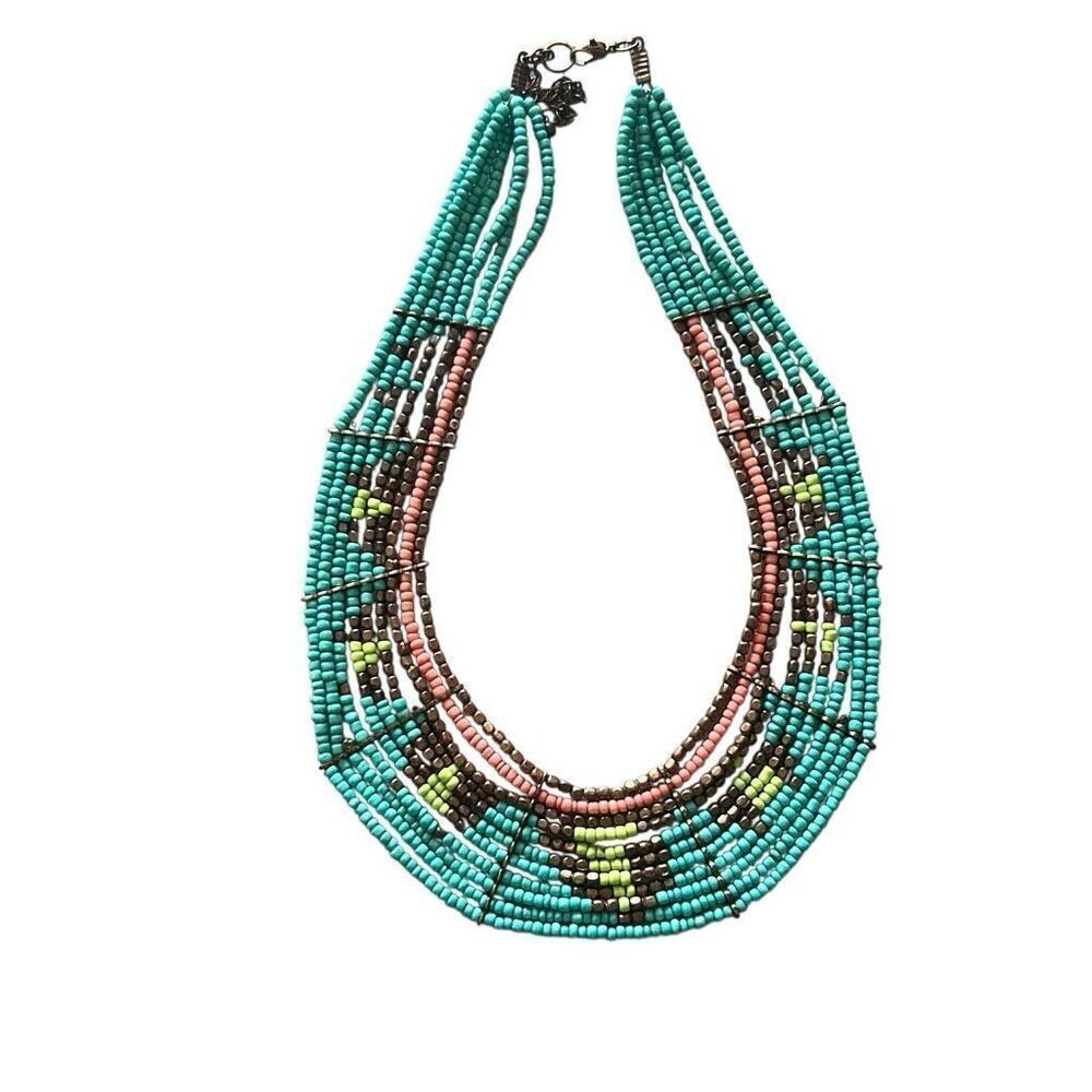Vintage Boho Tribal Beaded Collar Bib Necklace Multi Strand Seed Beads Southwest